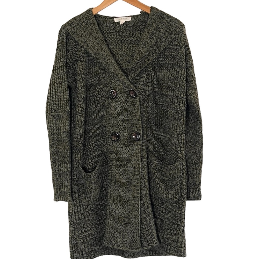 Onetheland | Green hooded double breasted knit cardigan sweater size med…